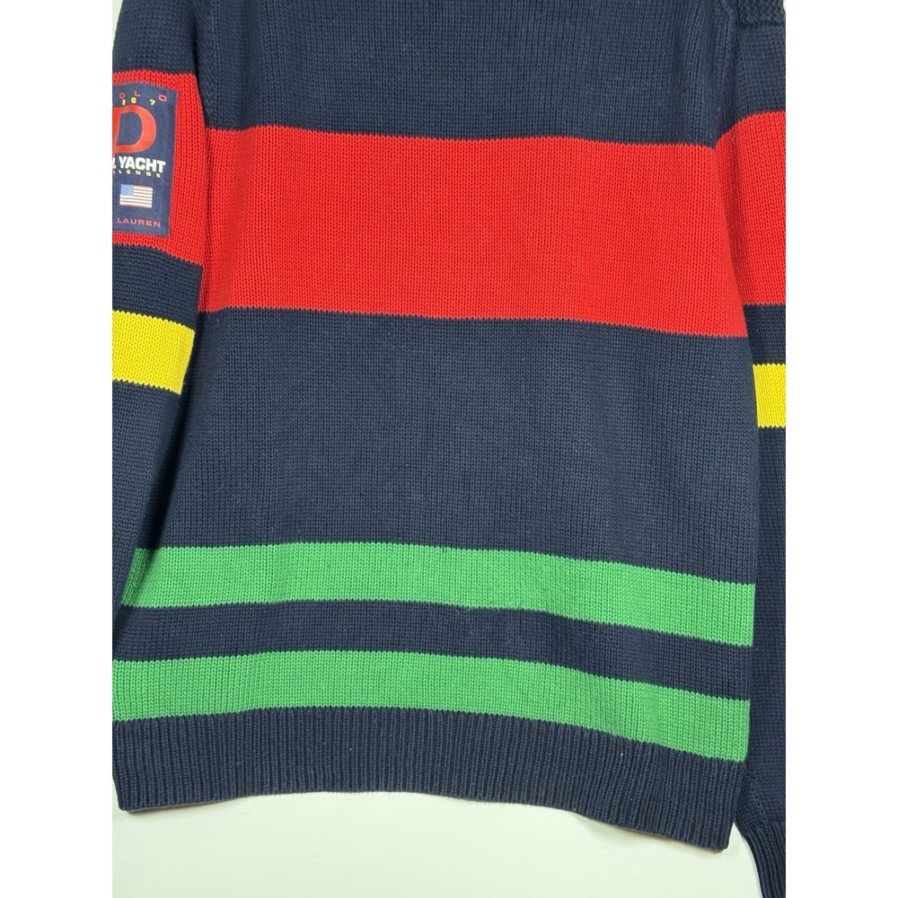 Polo Ralph Lauren 12.M Yacht Challenge Sweater Men XL Navy Red Stripe Shawl Neck - Picture 8 of 16